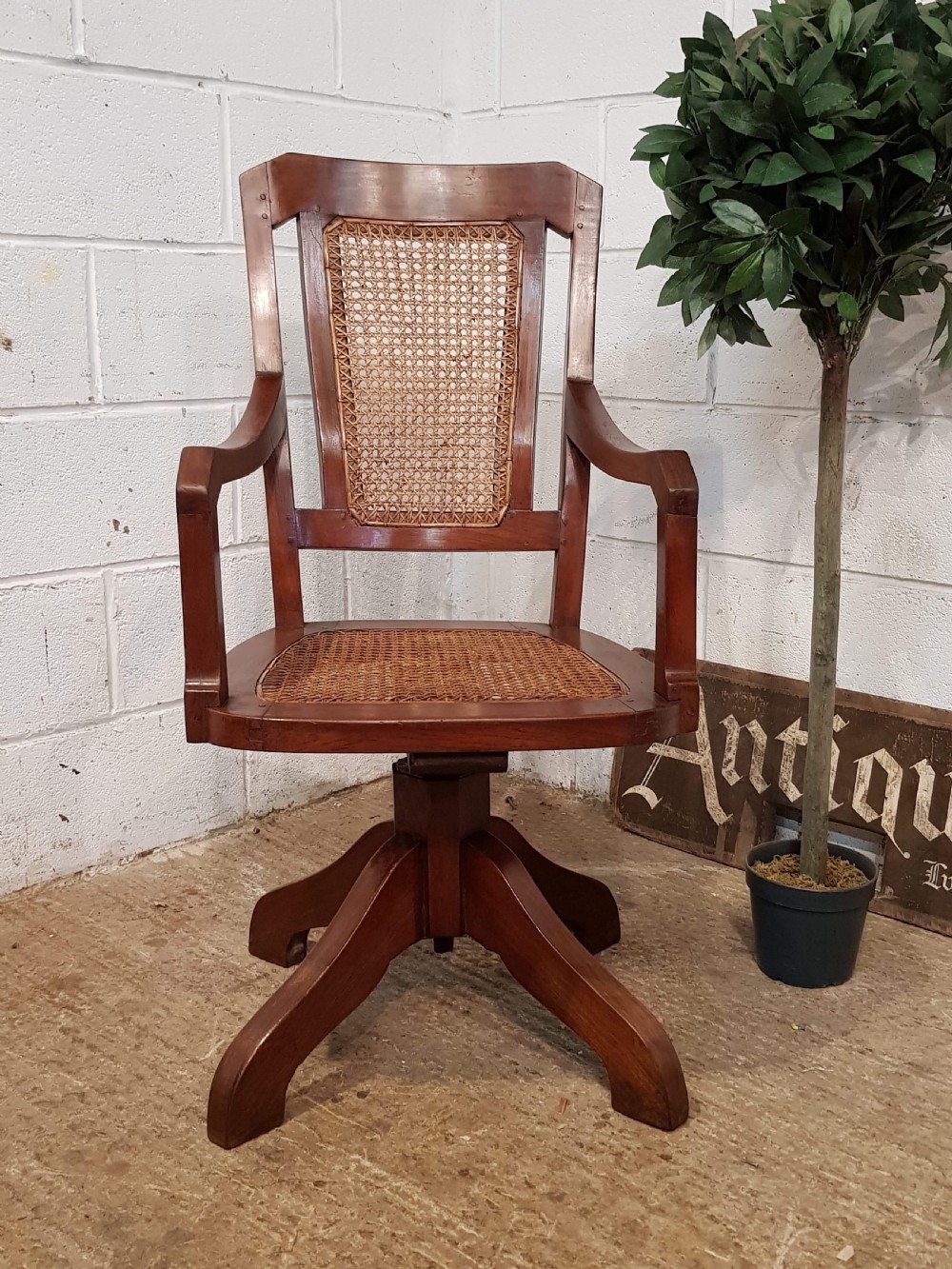 Antique Arts Crafts Walnut Bergere Swivel Desk Chair C1900