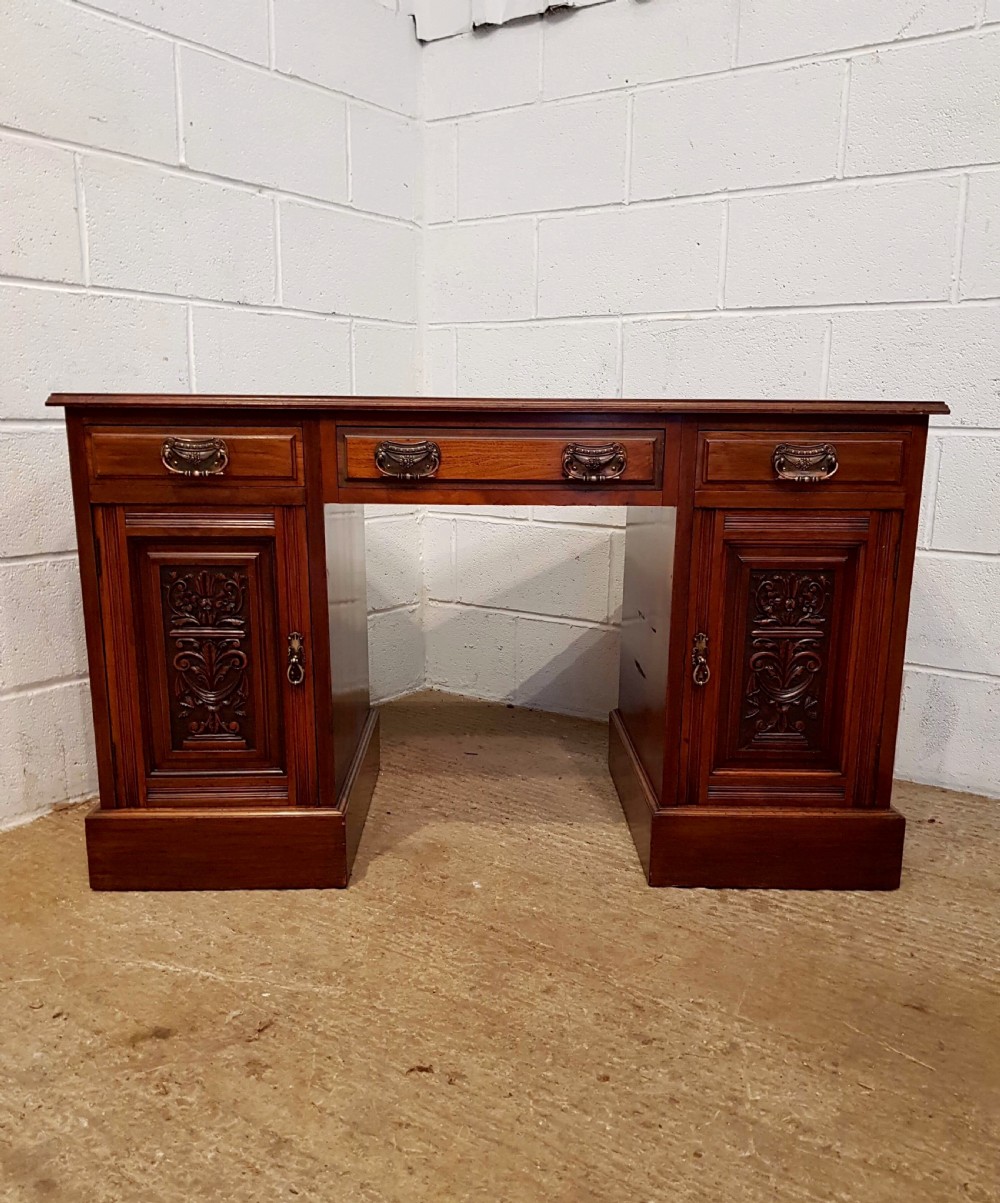 Antique Edwardian Walnut Twin Pedestal Leather Top Desk