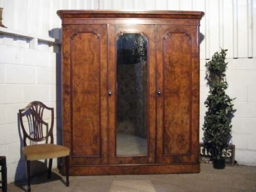 Antique Victorian Figured Walnut Triple Wardrobe Compactum Armoire
