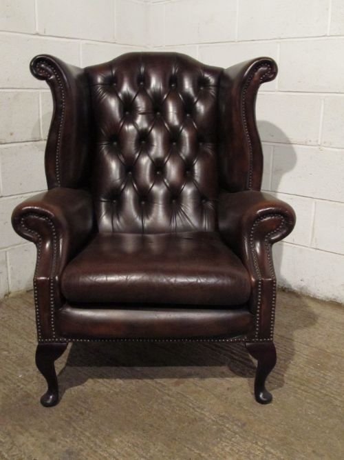 antique brown leather chesterfield wing chair c1950 pr2811