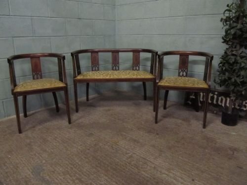 antique edwardian art nouveau mahogany inlaid salon suite pair tub chairs and tub end sofa wdb62072712