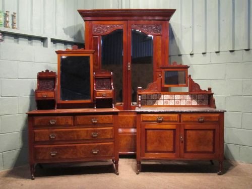 antique edwardian mahogany walnut bedroom suite double wardrobe dressing table chest and washstand cabinet c1900 w6380214