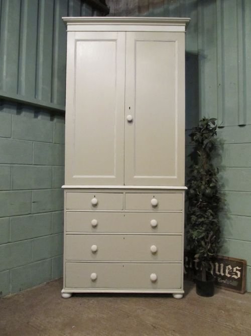 antique victorian tall painted pine linen press cupboard on chest c1880 w6562308