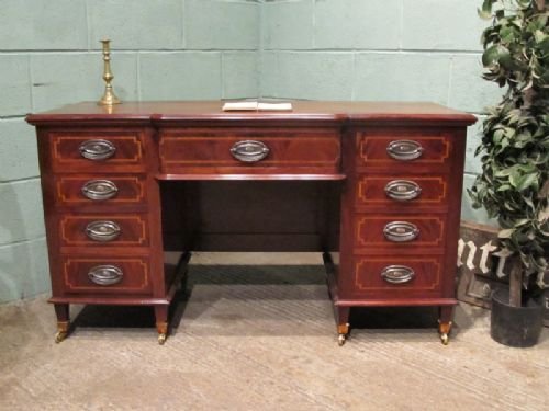 antique edwardian mahogany inlaid kneehole pedastal desk c1900 w66071010