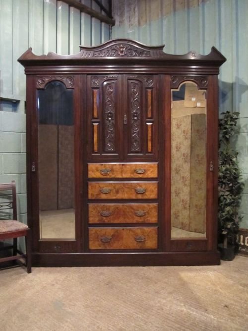 antique victorian art nouveau mahogany and walnut triple wardrobe compactum c1890 w692675