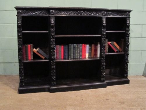 antique victorian carved gothic oak breakfront open bookcase c1880 w6979186