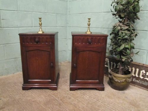 antique pair oak linen fold bedside cabinets c1920 w7086110