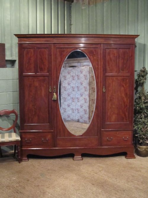 antique edwardian inlaid mahogany triple wardrobe c1900