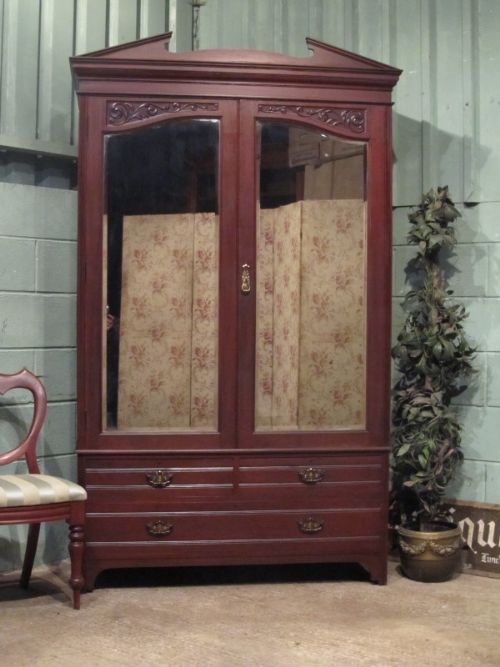 Antique Art Nouveau Mirror Fronted Mahogany Double Wardrobe