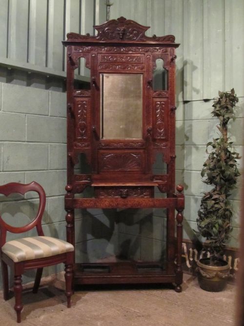 antique victorian carved gothic oak green man hallstand c1880