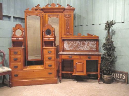 antique edwardian satinwood bedroom suite wardrobe dressing table washstand c1900