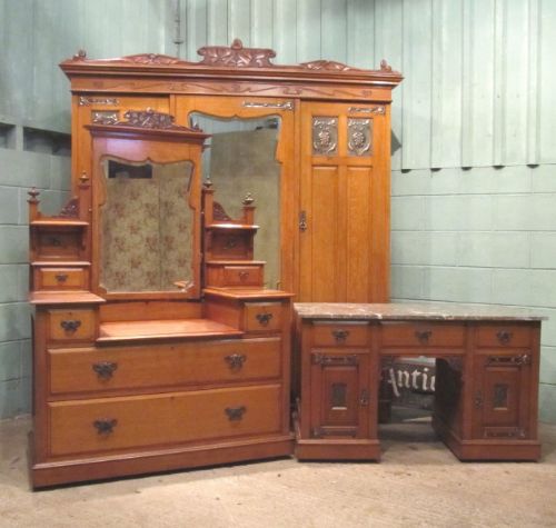 antique art nouveau solid oak bedroom suite with copper panels strapping c1890