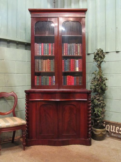 antique victorian mahogany tall library bookcase with serpentine base c1880