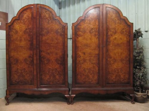 antique pair burr walnut ladies gents double wardrobes c1920
