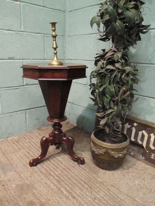 antique victorian burr walnut trumpet sewing work table c1880