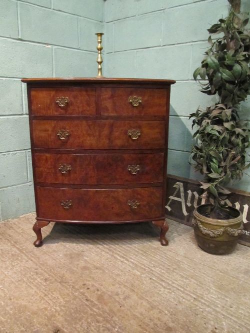 Antique Edwardian Small Burr Walnut Bow Front Chest Of Drawers