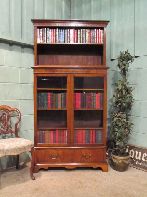 unusual mahogany glazed and open bookcase c1920