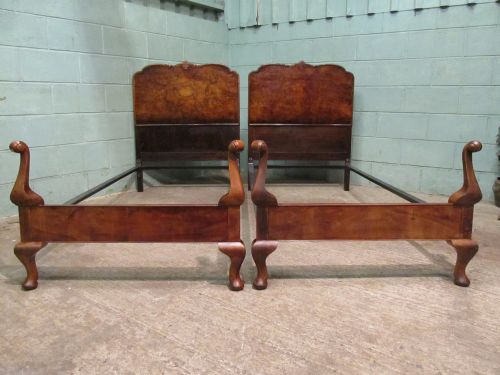 antique pair burr walnut queen anne style single beds c1920