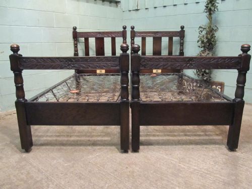 antique pair edwardian carved oak single beds by staples co c1900