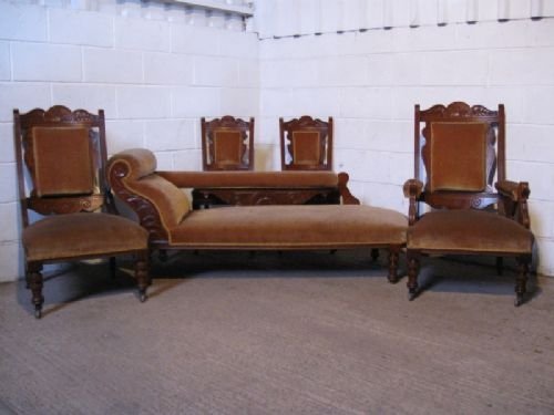 superb antique victorian carved oak salon suite chaise longue library chairs c1880