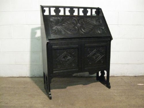 good antique asthetic carved oak bureau by james phillips of bristol
