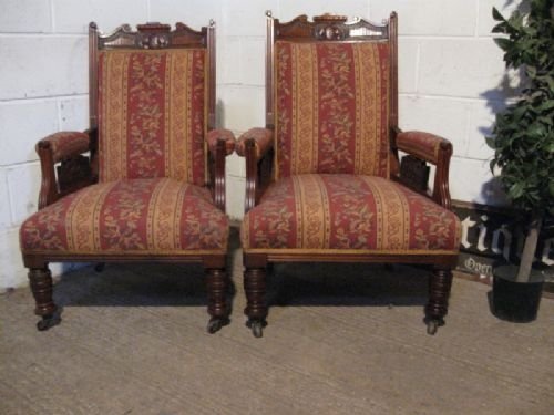 Lovely Pair Antique Edwardian Walnut Library Salon Chairs C1890