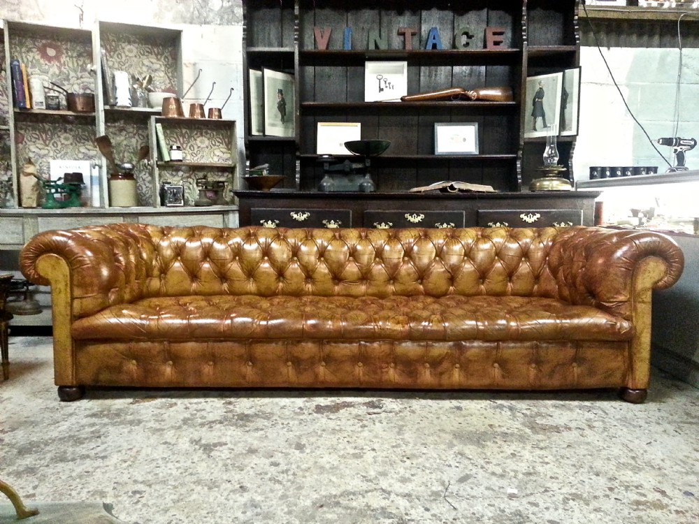 antique victorian edwardian tan leather hide full button down large chesterfield three seater sofa c1920
