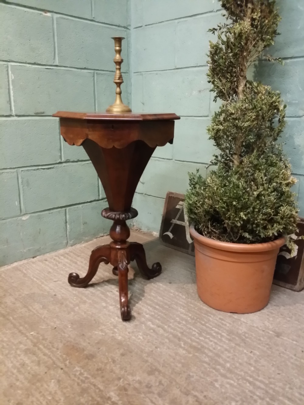 antique victorian burr walnut trumpet sewing work table c1880