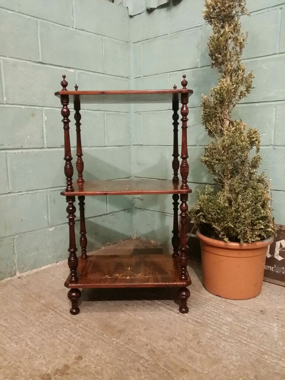 antique edwardian burr walnut inlaid 3 tier whatnot c1900