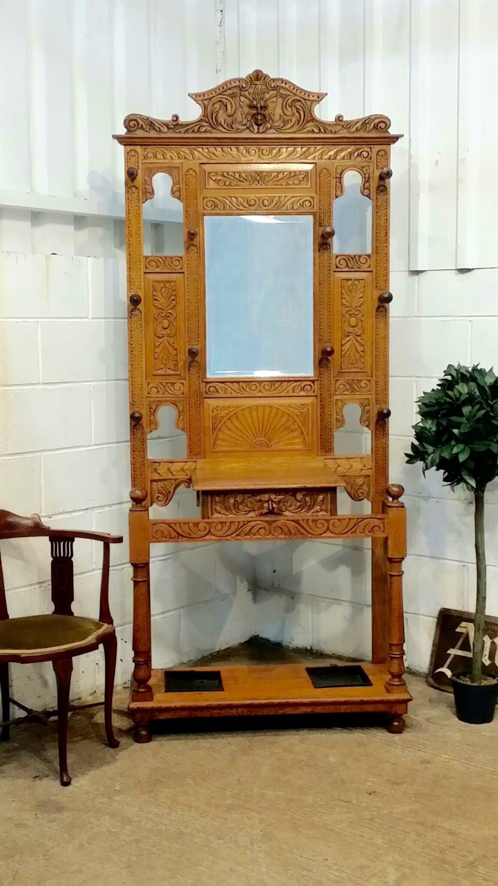 antique victorian light oak carved green man hallstand c1880