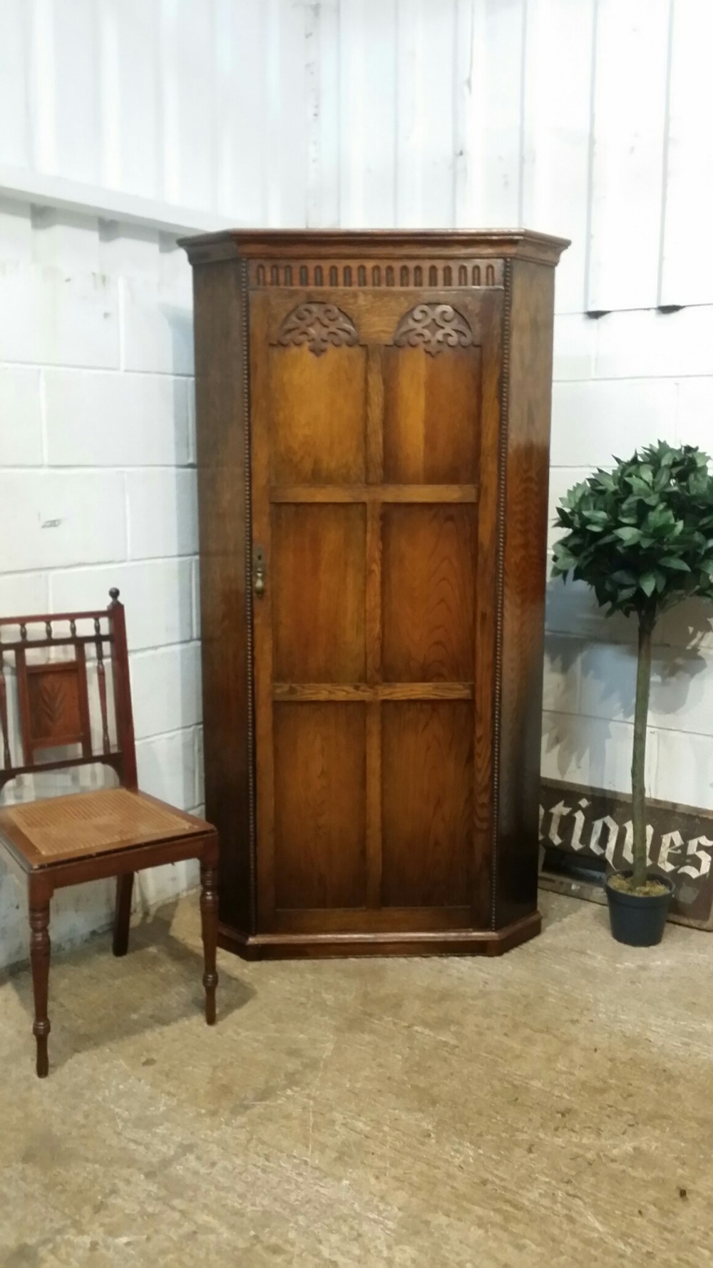 antique small oak corner hall wardrobe by denby spinks c1920