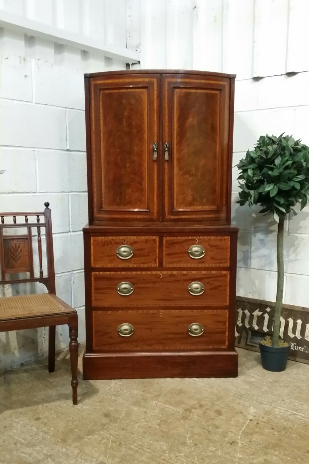 antique edwardian inlaid mahogany cabinet on chest of drawers c1900