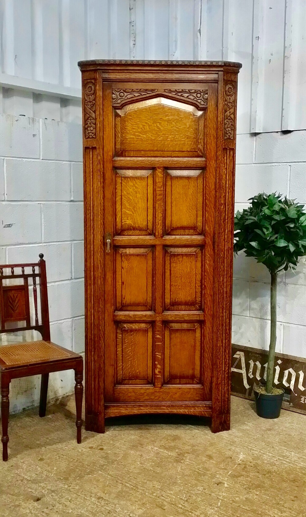 antique edwardian carved oak hall wardrobe tudor rose c1900