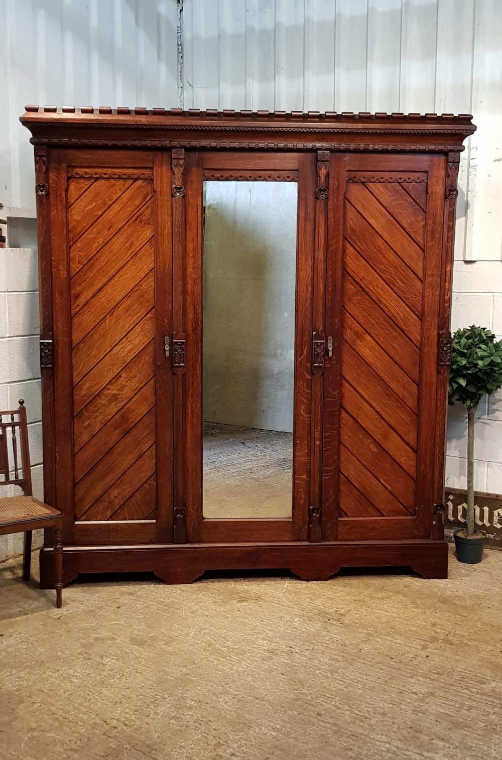 antique aesthetic arts crafts oak triple wardrobe c1860