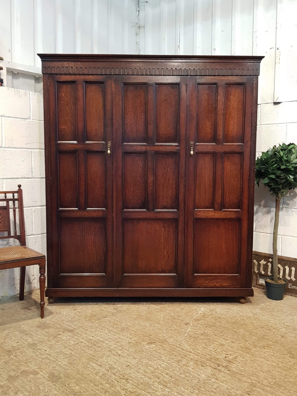 antique edwardian oak triple wardrobe by waring gillow c1900