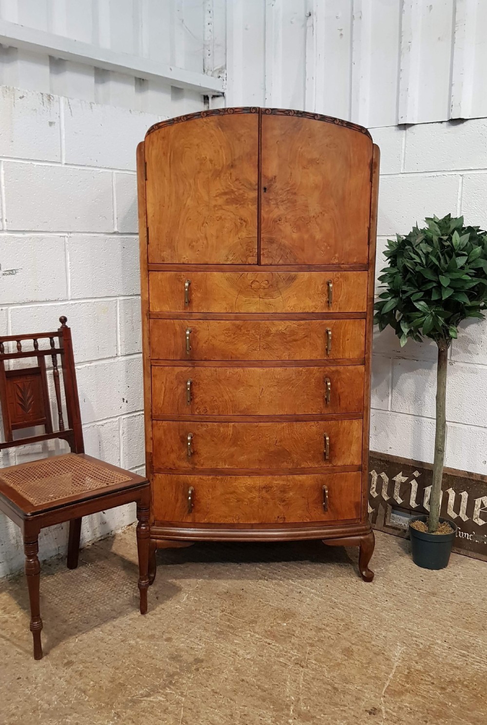 antique art deco burr walnut tallboy c1920