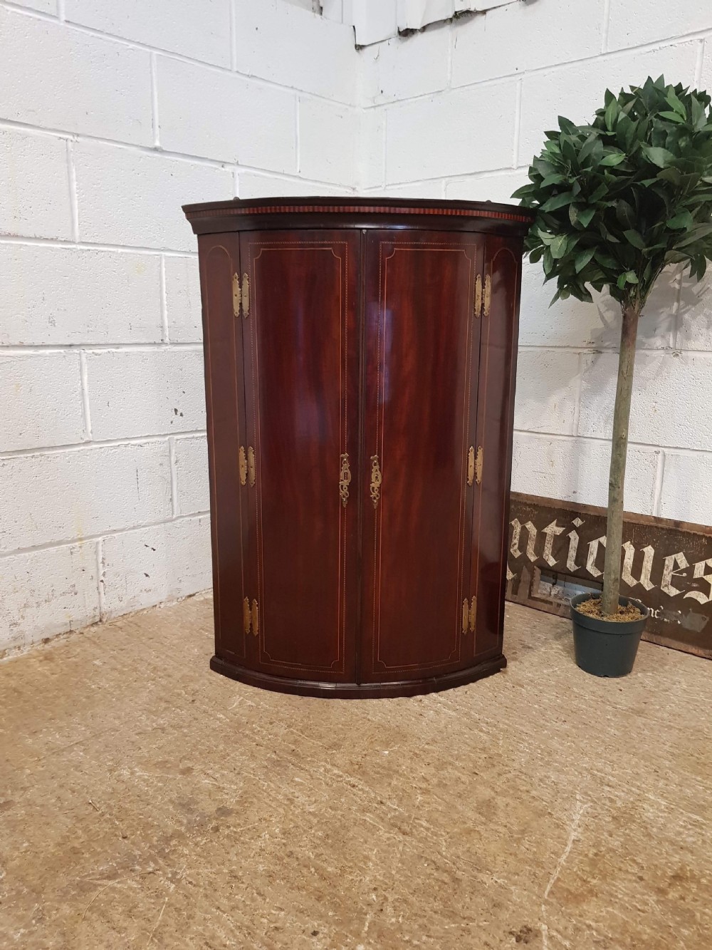 antique regency inlaid mahogany bow front corner cupboard c1820