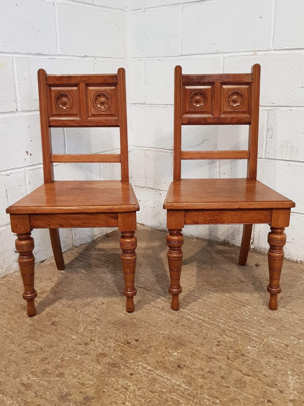 antique pair golden oak arts crafts hall chairs c1900