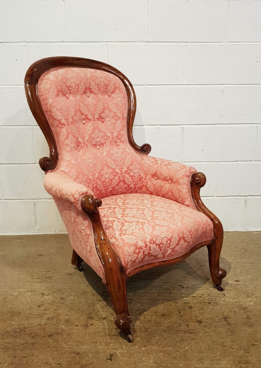 antique victorian walnut show frame spoon back armchair c1880
