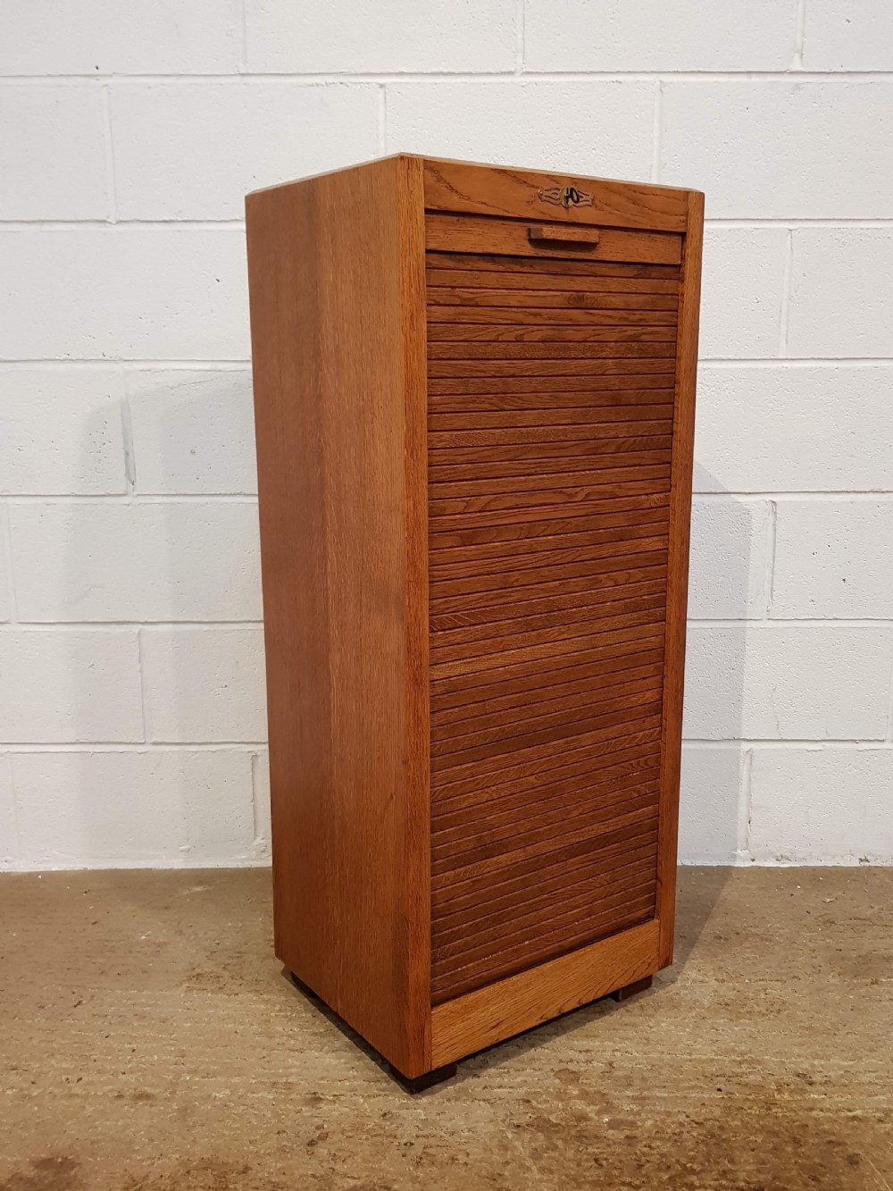 antique golden oak tambour fronted filing cabinet c1920