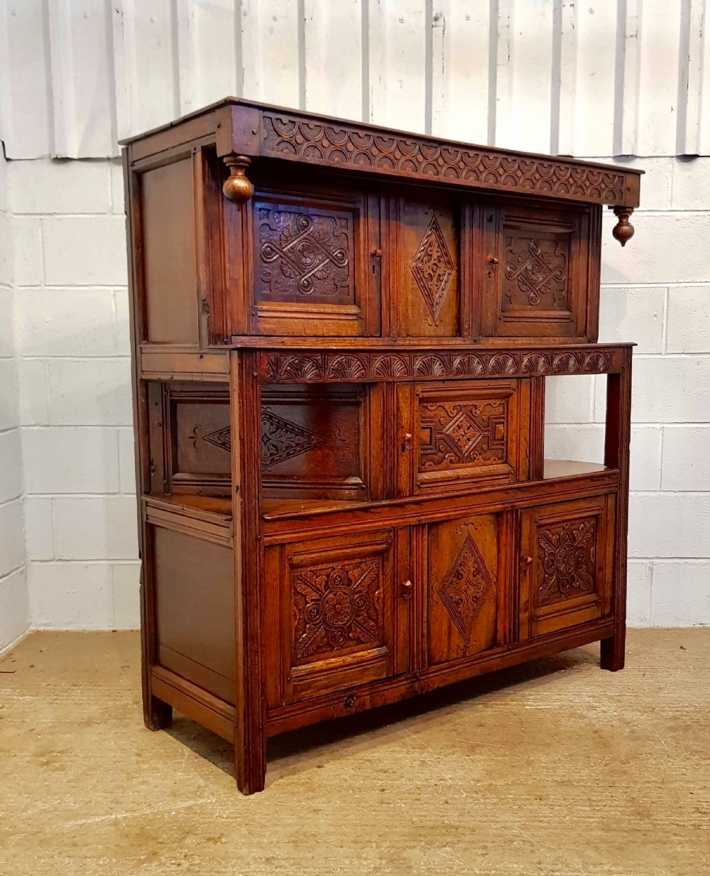 antique 18th century carved oak tridarn court cupboard c1750