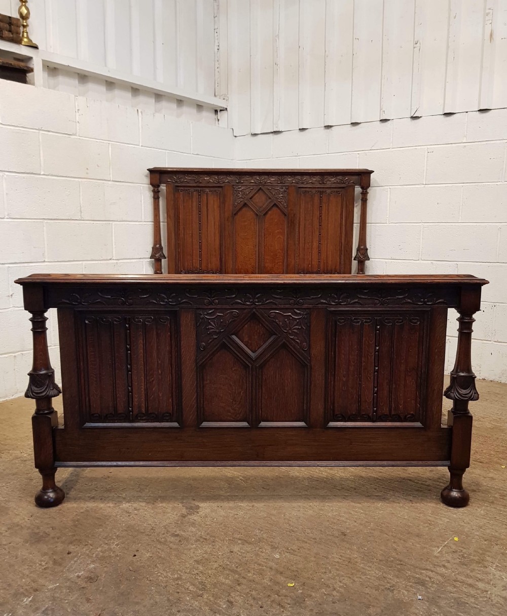antique edwardian carved gothic oak double bed c1910