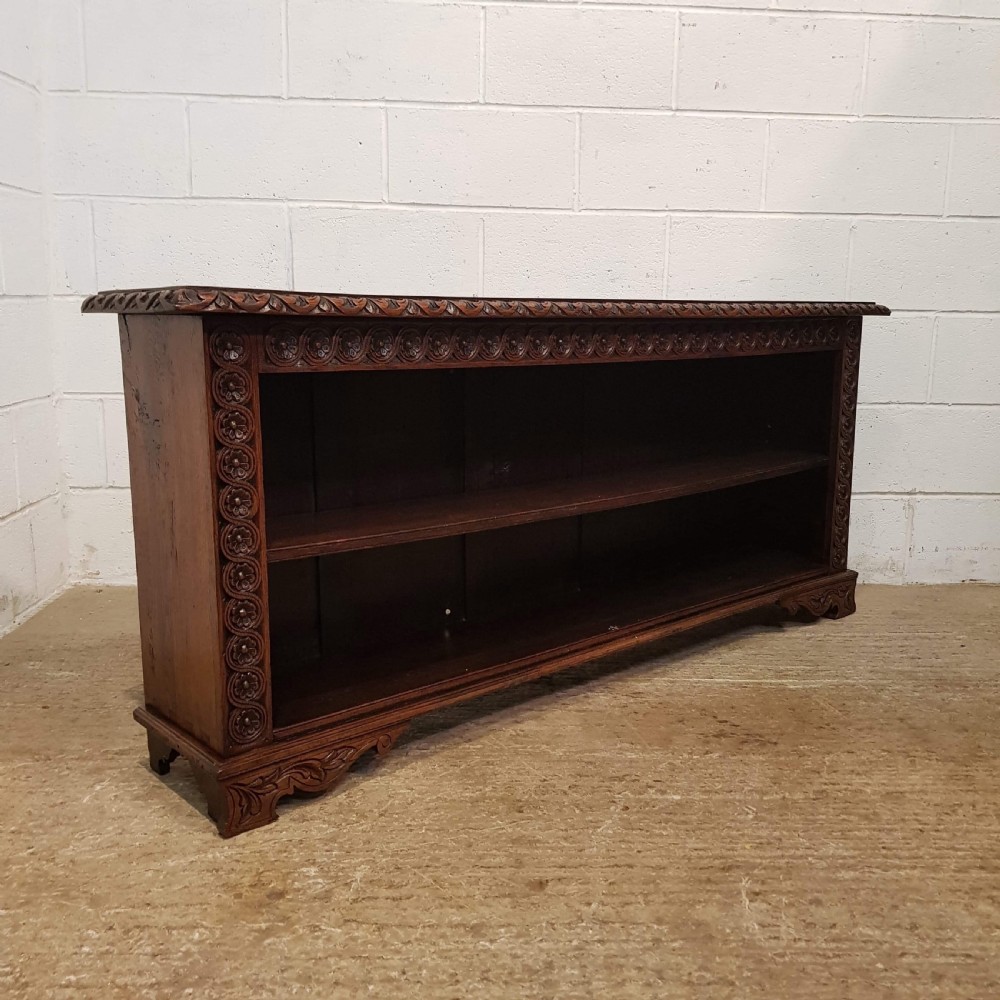 antique victorian 5ft6 long carved oak low open bookcase c1880