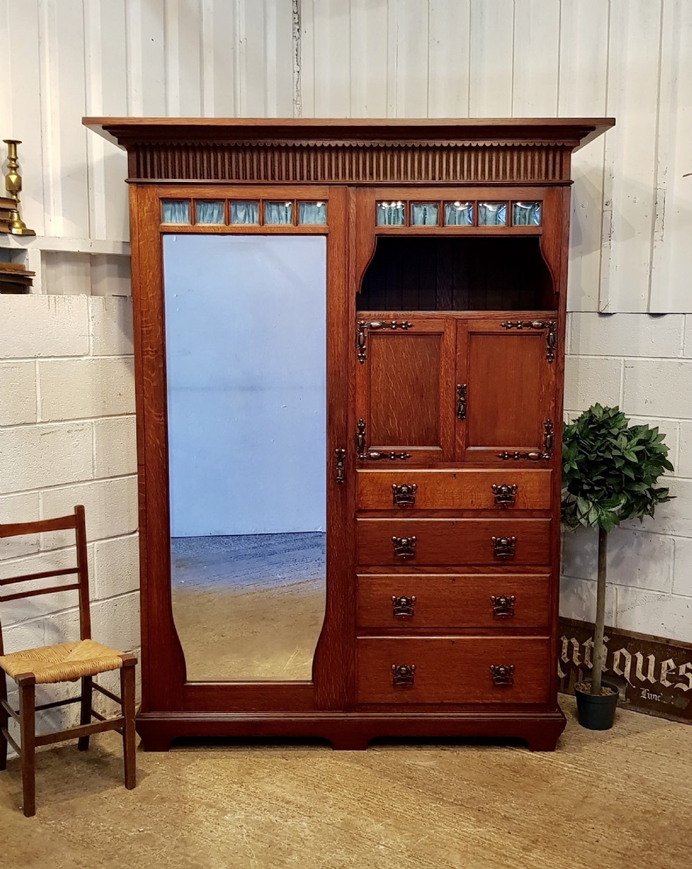 antique arts crafts oak wardrobe compactum by liberty co c1890