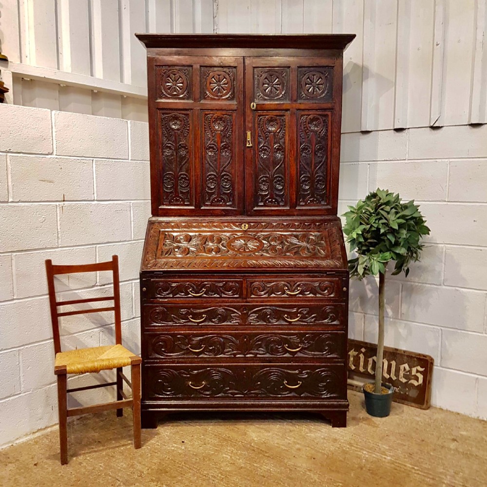 antique georgian period carved oak bureau bookcase c1780