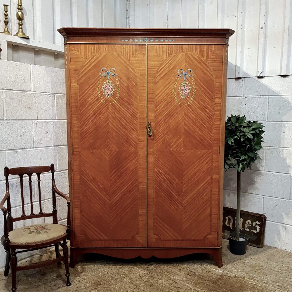 antique satinwood double wardrobe with original paint work c1920