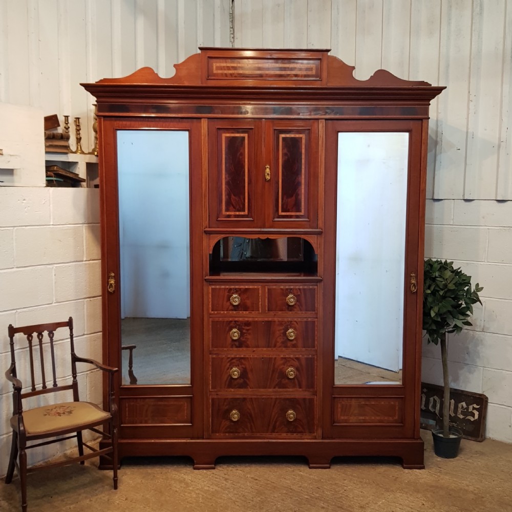 antique art nouveau inlaid mahogany triple wardrobe compactum c1890