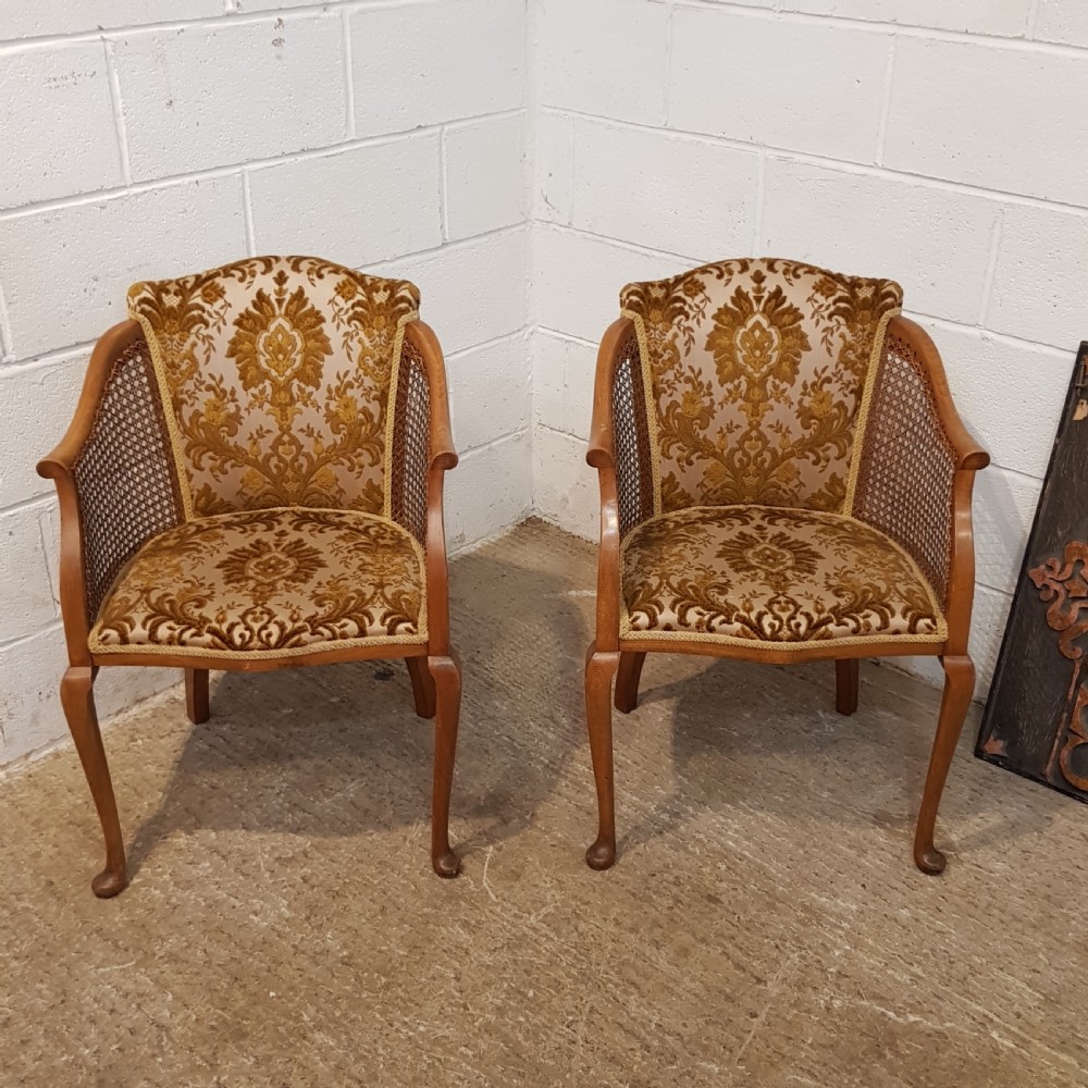 antique pair of oak and split cane salon chairs c1920