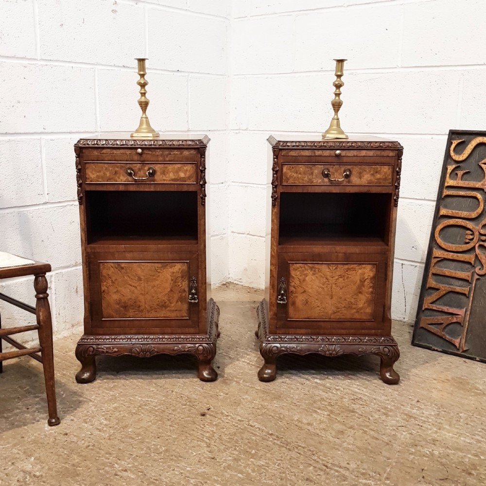antique pair burr walnut bedside cabinets c1920