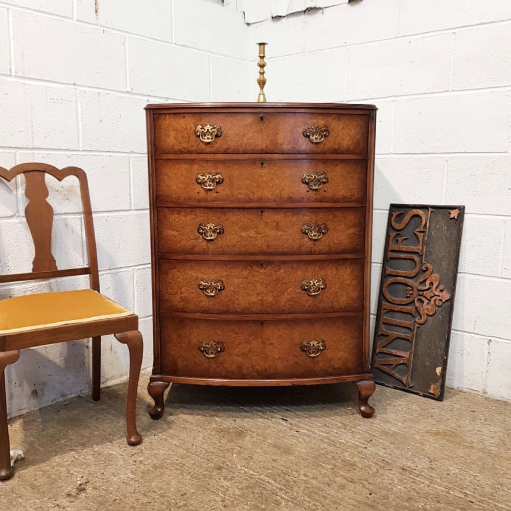 antique burr walnut bow front chest of drawers by denby spink c1920